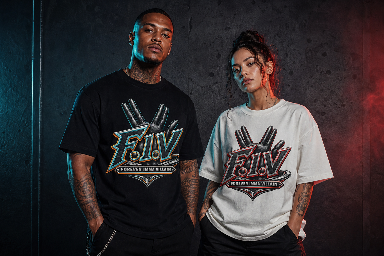 Two models wearing Vezzup Forever Imma Villain graphic T-shirts