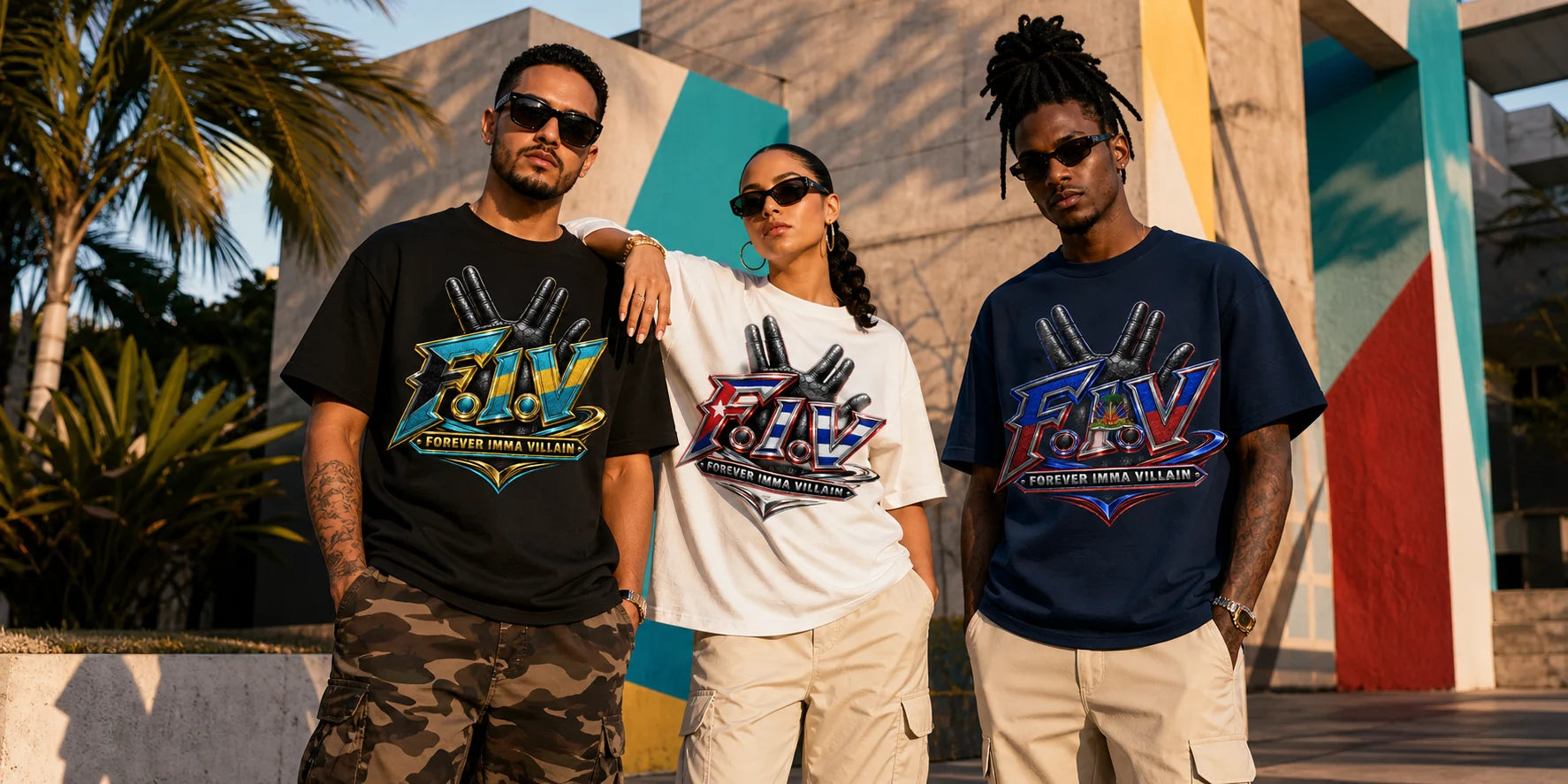 Three diverse adult models wearing Vezzup national-color graphic T-shirts