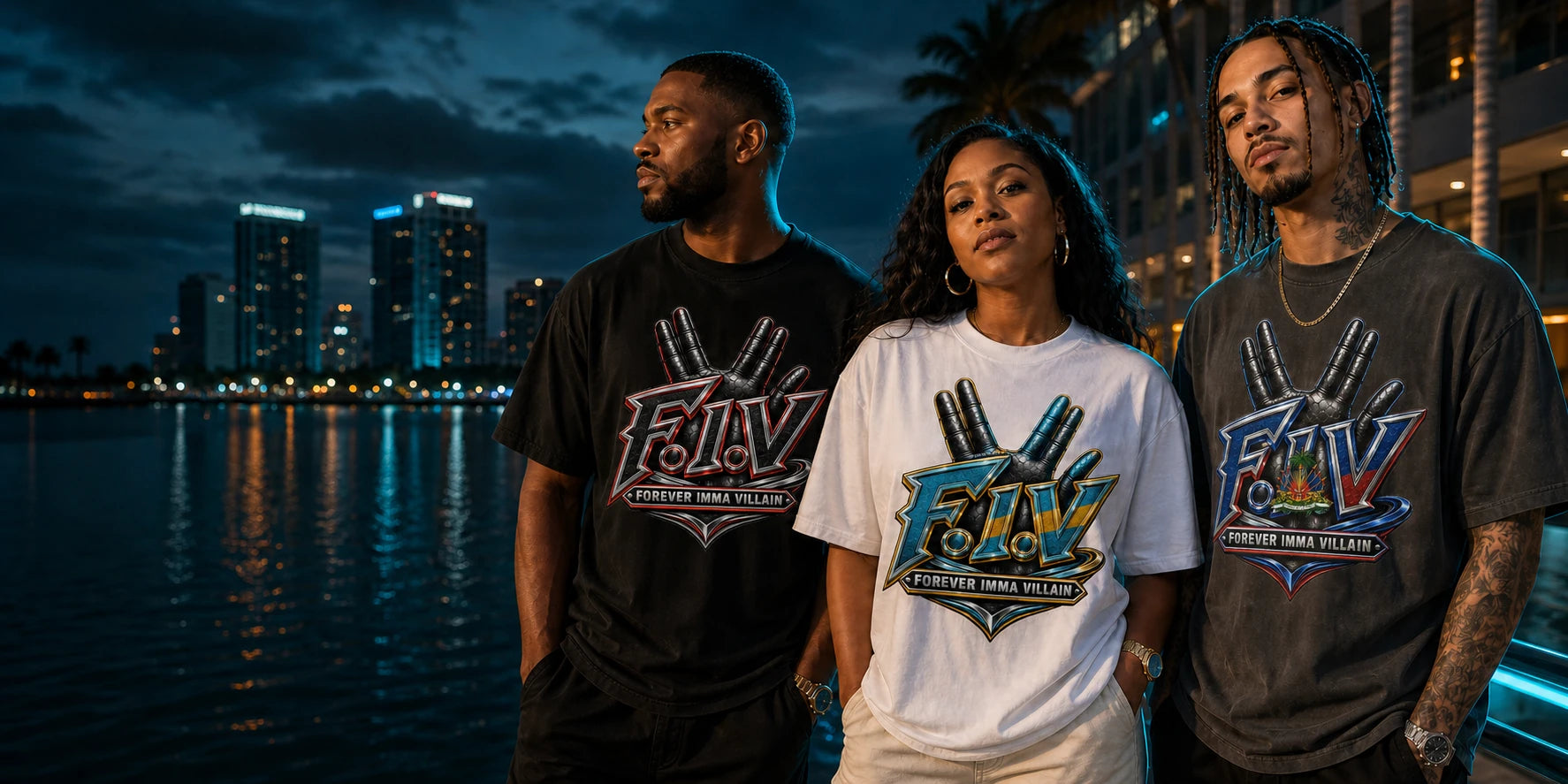 Three diverse adult models wearing Vezzup Forever Imma Villain graphic T-shirts beside a city waterfront at night