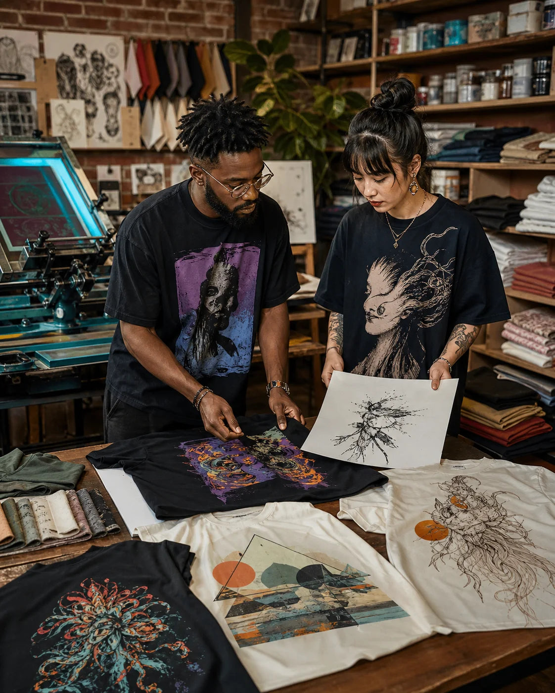 Vezzup apparel designers reviewing several original graphic shirt concepts in the studio