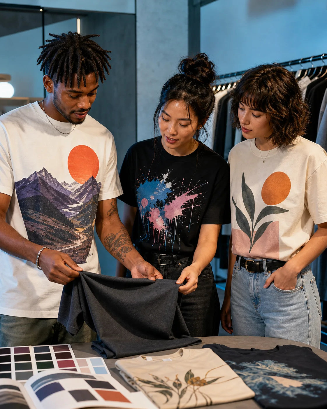 Three customers comparing different shirt graphics, fabric, and construction details