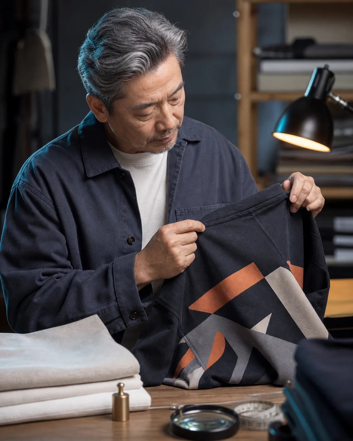 Garment specialist inspecting the seams and print quality of a heavyweight shirt