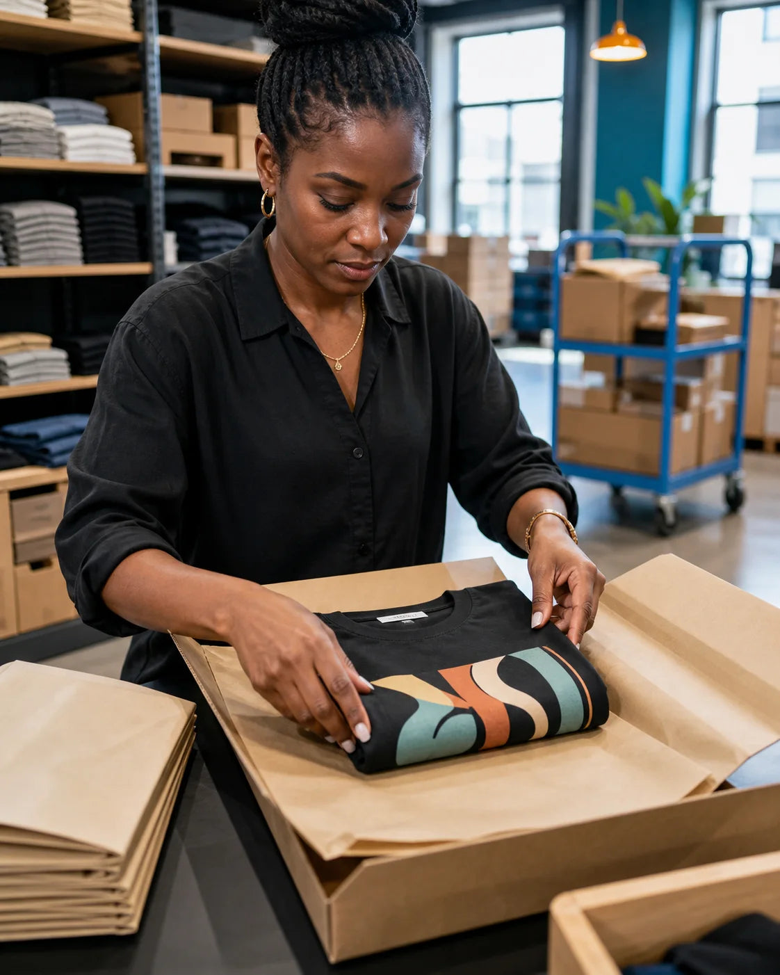 A Vezzup apparel order being carefully folded and packed for delivery