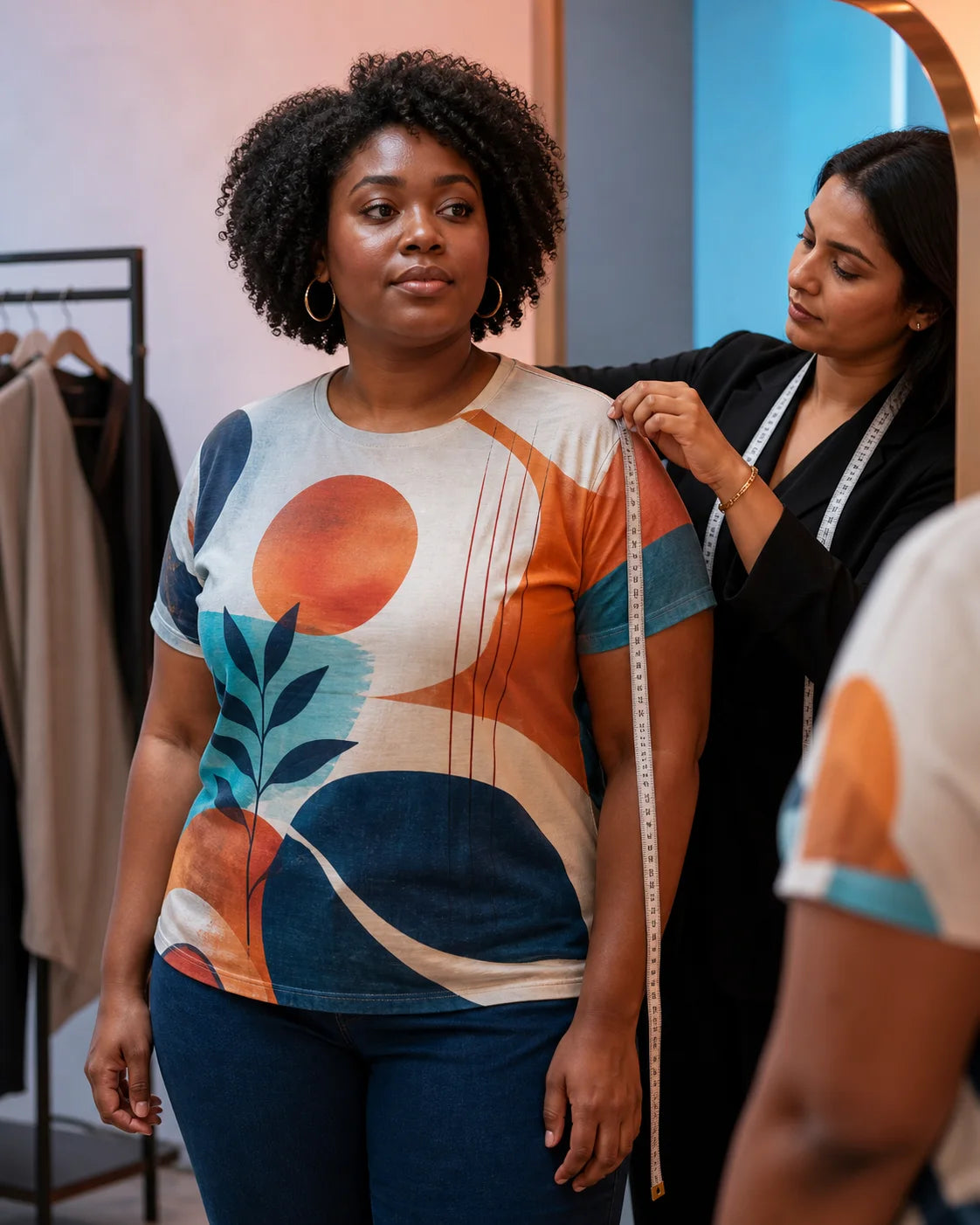 Inclusive apparel fitting with a stylist measuring the shoulder of a graphic shirt
