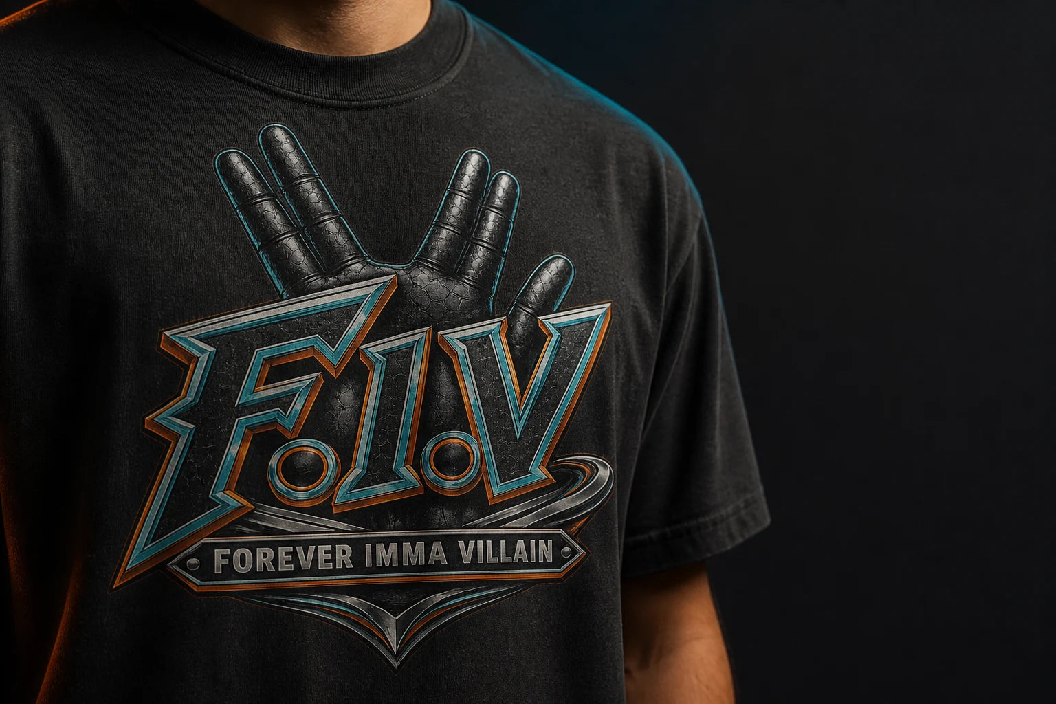 Close-up of a heavyweight black Vezzup graphic T-shirt